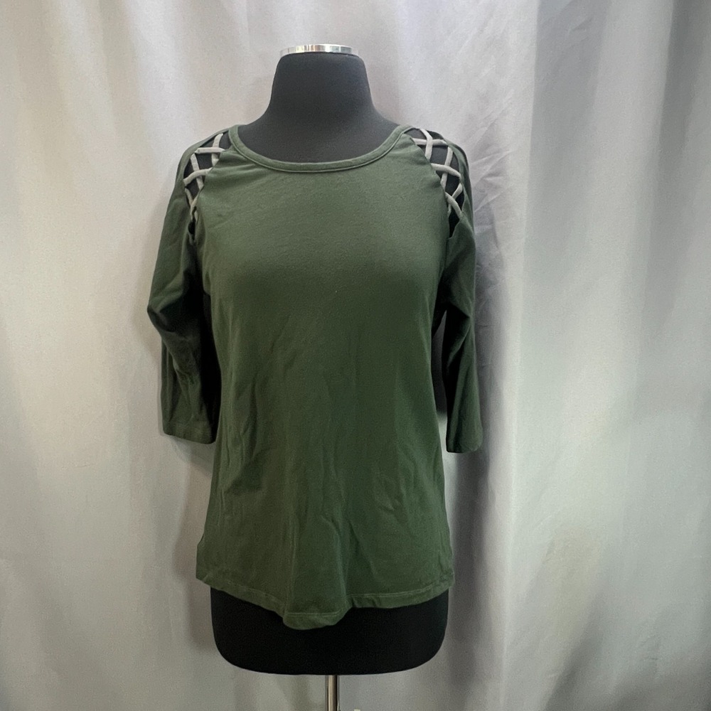 Cruel Denim Top Womens M Olive Green Cotton Strappy Cutout Shoulder 3/4 Sleeve